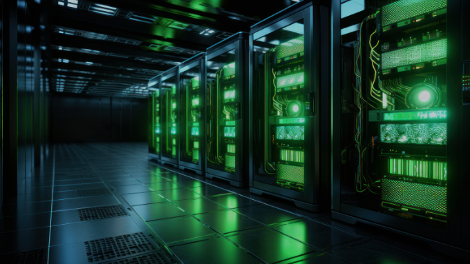 A server room with floating AI icons representing automation, diagnostics, and optimization.