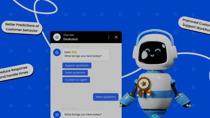 A chatbot window with a friendly AI assistant on a helpdesk interface.