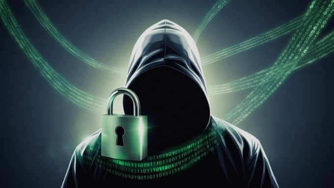 Hooded hacker silhouette overlayed with a padlock and binary code—immediately signals ransomware.