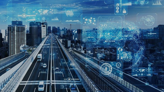 A city skyline with tiny edge nodes sending and processing real-time data for traffic and utilities.